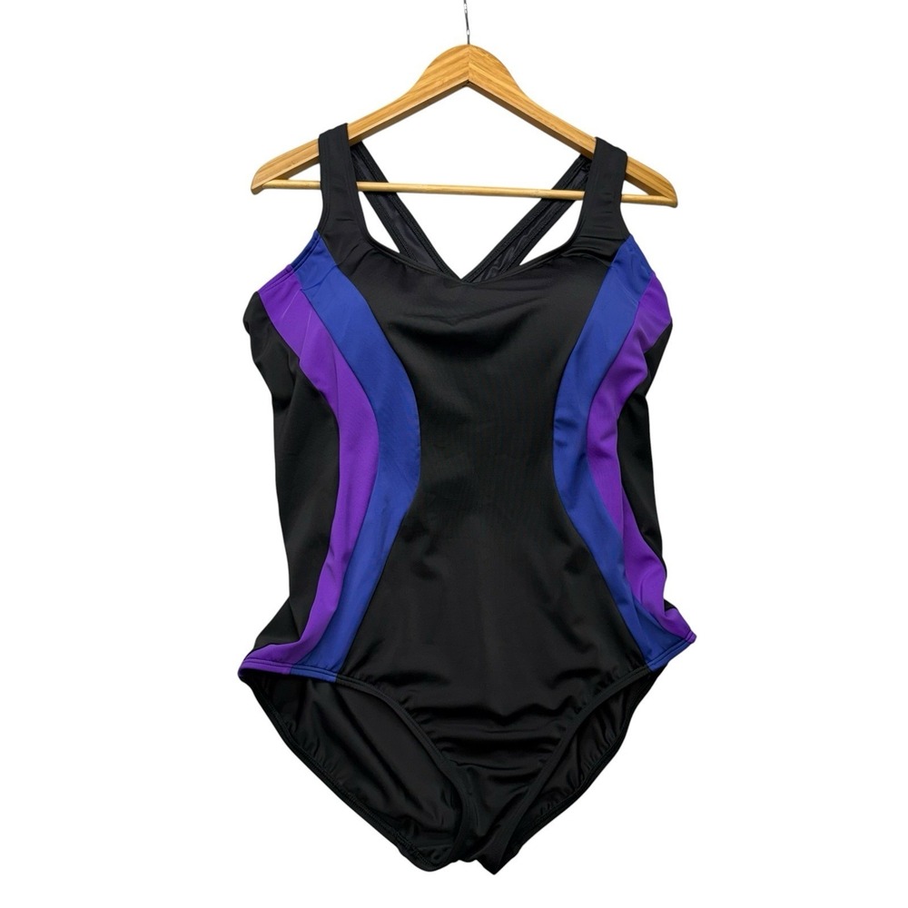 Lands End Womens Swimsuit 26 Black Purple One Piece Criss Cross Back Swim Modest